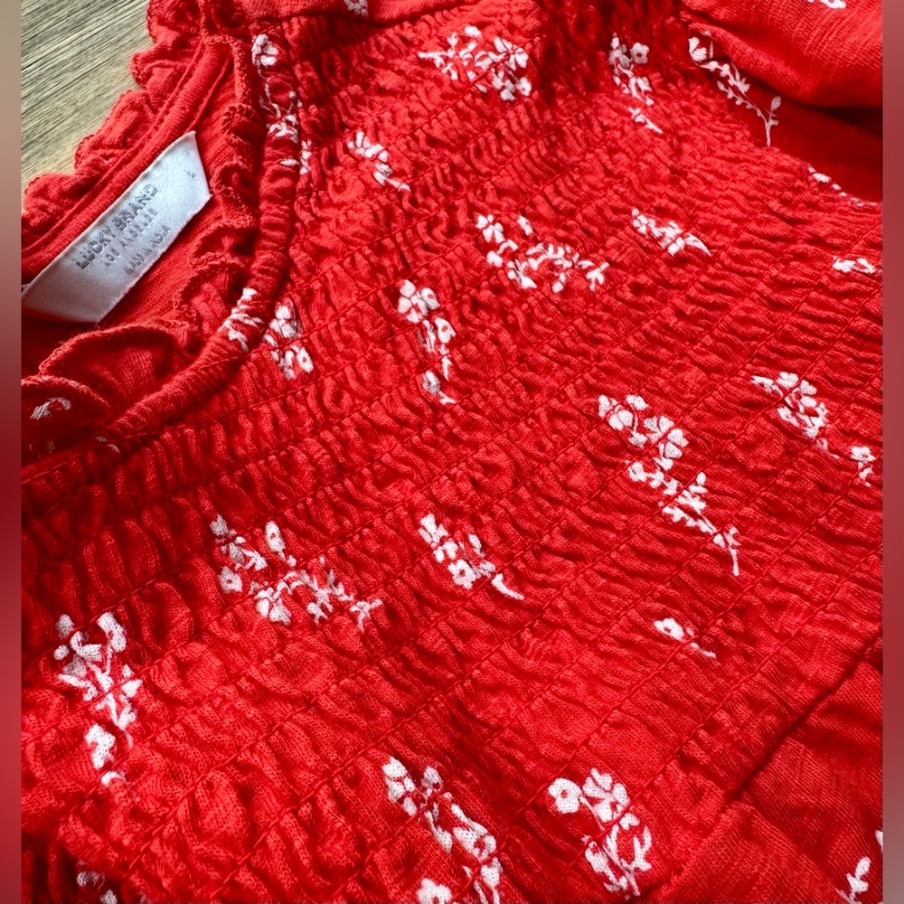LUCKY BRAND Women’s Smocked Puff Sleeve Shirt Orange Boho Floral Top Large L - Picture 5 of 6